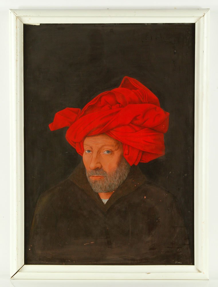 Mezzani, after van Eyck, Man in Red Turban, Oil: Glicerio Mezzani, (Italy, b. 1945) after Jan van Eyck, portrait of a man in a red turban, oil on panel, signed lower right, 27 3/4 in. (70.5 cm) H x 20 in. (50.8 cm) W. Provenance: Exhibited in 1972 a