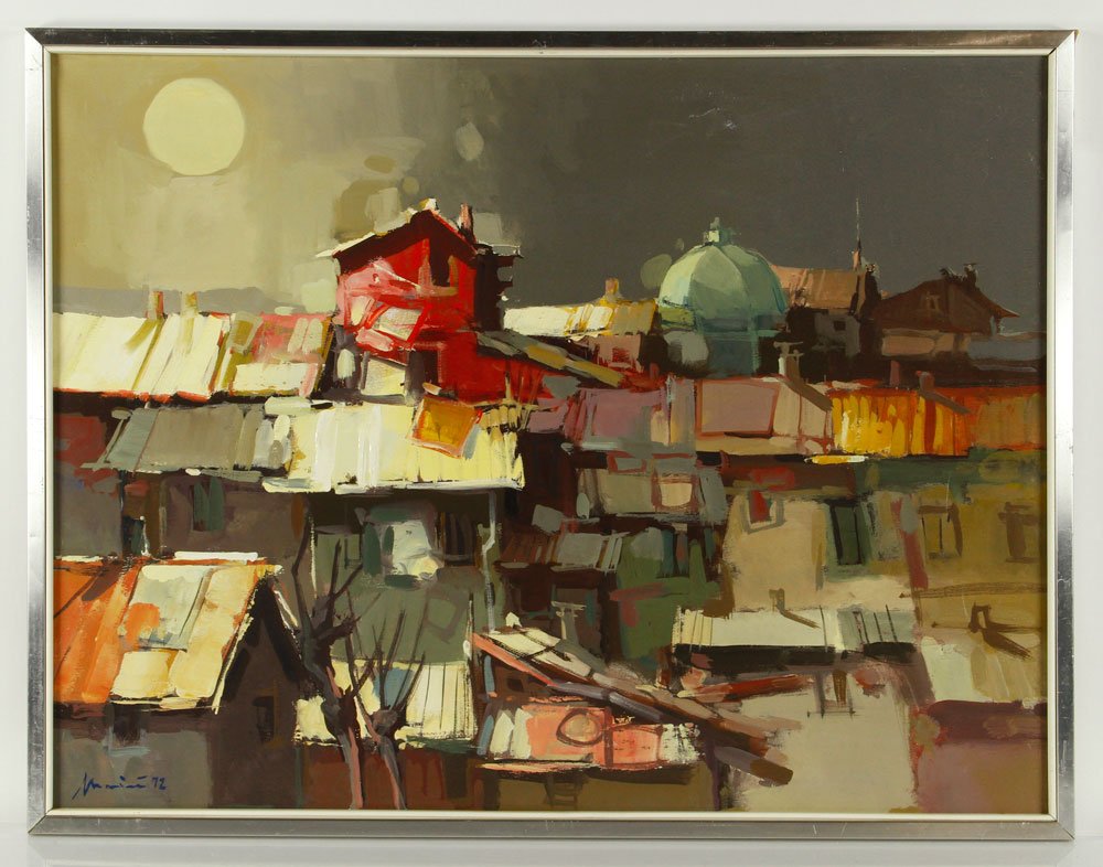 Mari, Roof Tops, Oil on Canvas: Aldo Mari (Italian, 1913-1988), view of roof tops, oil on canvas, 24" h x 32" w. Provenance: Exhibited in 1972 at the Lincoln Center show "Verdi and the Italian Landscape." From a Rhode Island estate.