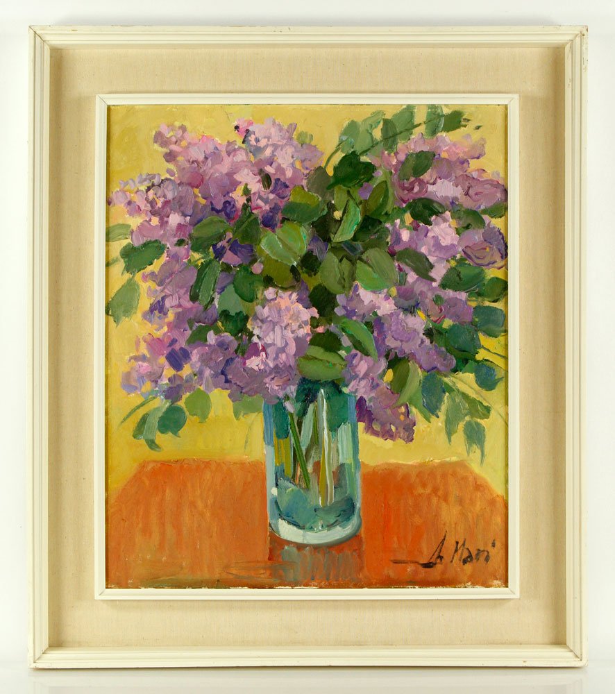 Mari, Floral Still Life, Oil on Canvas: Aldo Mari (Italian, 1913-1988), still life of lilacs in vase, oil on canvas, 19 3/4" h x 31 1/2" w. Provenance: Exhibited in 1972 at the Lincoln Center show "Verdi and the Italian Landscape." From a R
