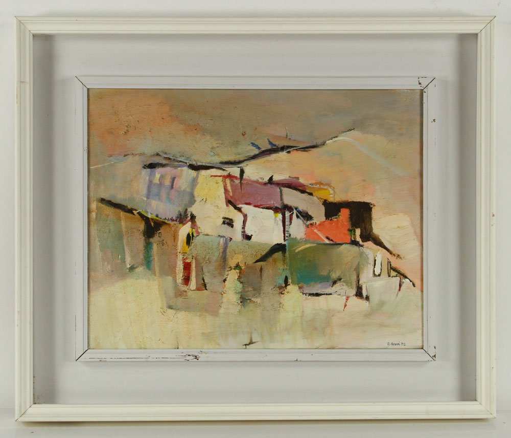 Cervi, Village Scene, Oil on Canvas: Piero Cervi, Cubist village scene, oil on canvas, 13 1/2" h x 17 1/2" w. Provenance: Exhibited in 1972 at the Lincoln Center show "Verdi and the Italian Landscape." From a Rhode Island estate.