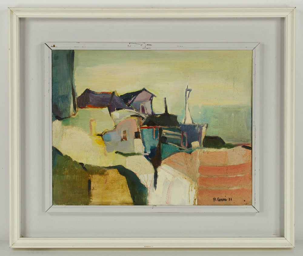 Cervi, Seaside Village Scene, Oil on Canvas: Piero Cervi, Cubist seaside village scene, oil on canvas, 13 3/4" h x 17 3/4" w. Provenance: Exhibited in 1972 at the Lincoln Center show "Verdi and the Italian Landscape." From a Rhode Island estate.