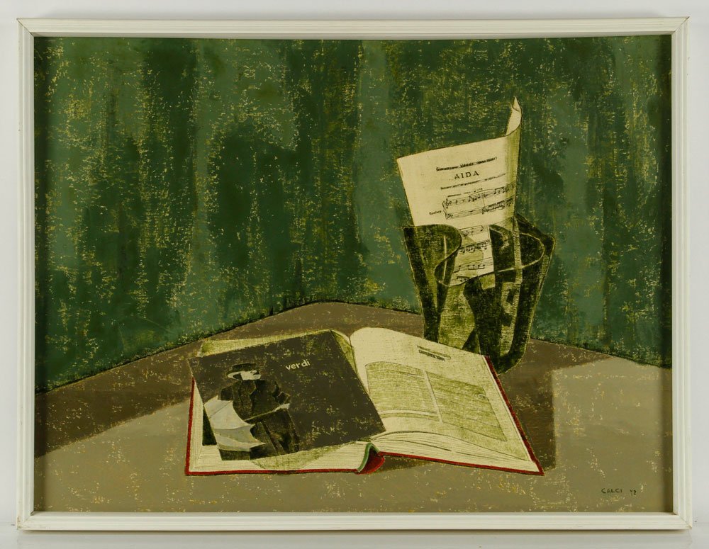 Calci, Still Life, Oil on Canvas: Bruna Calci, still life with Verdi sheet music, oil on canvas, 23 1/2" h x 31 1/4" w. Provenance: Exhibited in 1972 at the Lincoln Center show "Verdi and the Italian Landscape." From a Rhode Island es