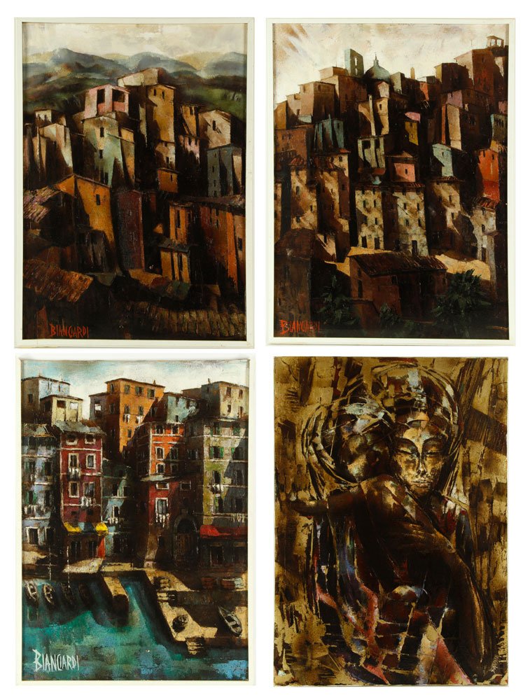 Bianciardi, 4 Village Scenes, Oil on Canvas: Enzo Bianciardi, lot of four Cubist village scenes, oil on canvas, 37 1/2" h x 23 1/2" w. Provenance: Exhibited in 1972 at the Lincoln Center show "Verdi and the Italian Landscape." From a Rhode Islan