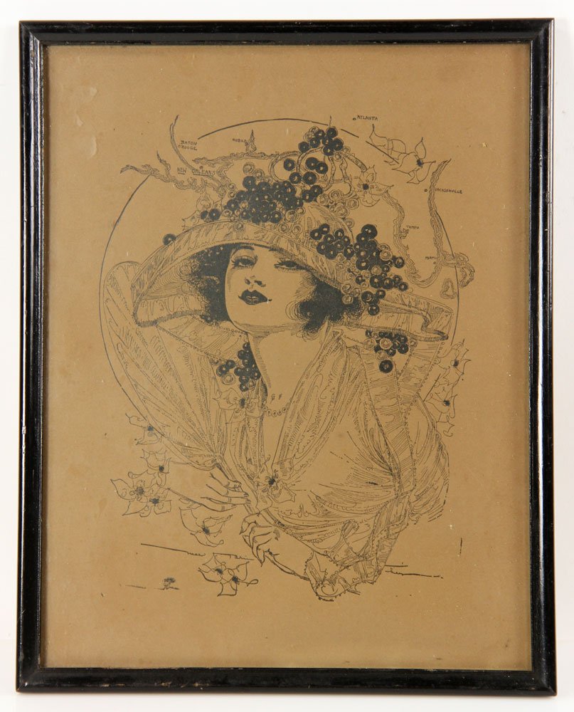 Brinkley, "Southern Belle," Pen and Ink Illustration: Nell Brinkley (American, 1886-1944), "Southern Belle," pen and ink illustration, signed left, 13 2/3" h x 10 3/4" w. Provenance: From a Florida estate.