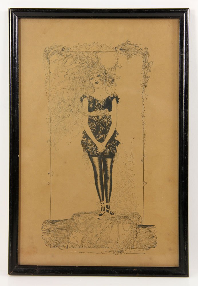 Brinkley, "Flapper with Koi," Pen and Ink Illustration: Nell Brinkley (American, 1886-1944), "Flapper with Koi," pen and ink illustration, signed lower left, 13 2/3" h x 8 3/4" w. Provenance: From a Florida estate.