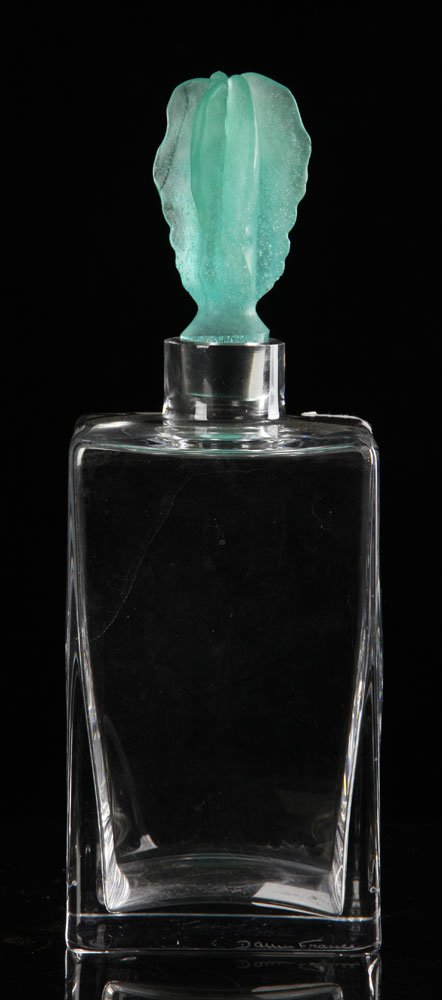 Daum France Cactus Pate de Verre Decanter: Daum France decanter, Cactus series, clear crystal with pate de verre stopper, signed, 10 1/4" h x 3 1/2" sq. Provenance: From a Pennsylvania estate.