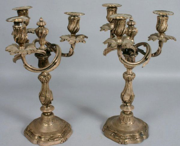 PAIR 20TH C. SILVER-PLATED 3-ARM CANDELABRAS: Pair of mid 20th Century silver-plated three-arm candelabras, 15"h. Good condition.