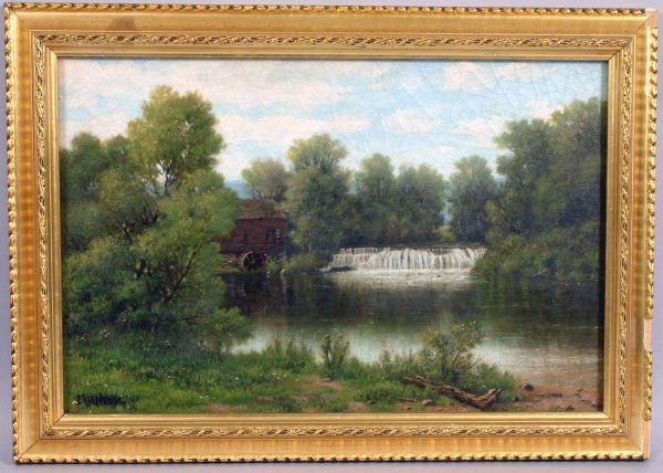 JOHN ALEXANDER HARRISON NOBLE,WATERFALL,O/B: John Alexander Harrison Noble (American, b.1913), waterfall and mill, o/c, 12" x 18", framed 15" x 21". Good condition.