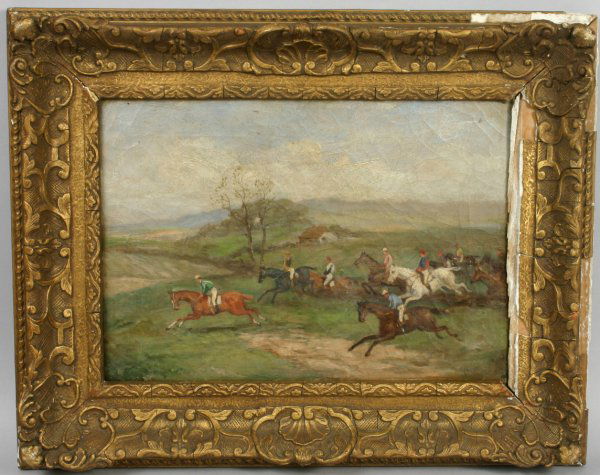 SGND HENRY T. ALKEN SR., 4 HUNTING SCENES, O/C: Henry Thomas Alken, Sr. (1784-1850), group of four hunting scenes, riders on horseback, o/c, all four 10" x 14", in original frames 15 1/2" x 19 1/2", signed LR. Three have crackle and need cleaning;