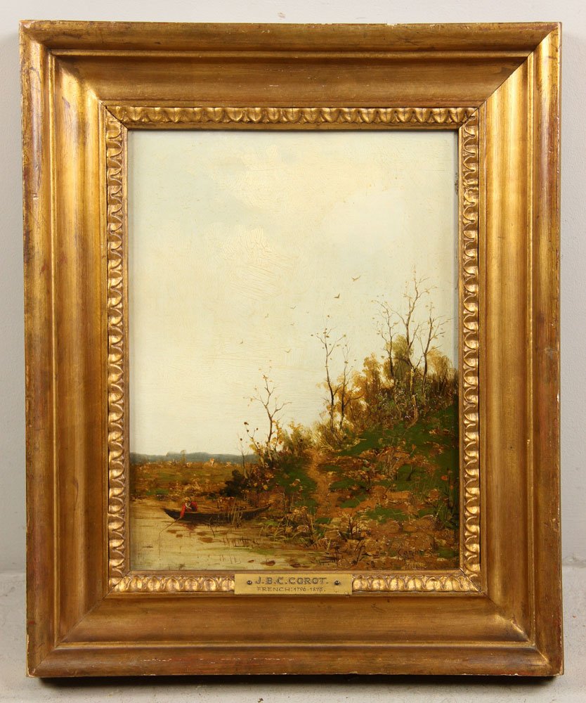 Follower of Corot, Landscape with Fisherman, Oil on (1 of 5)