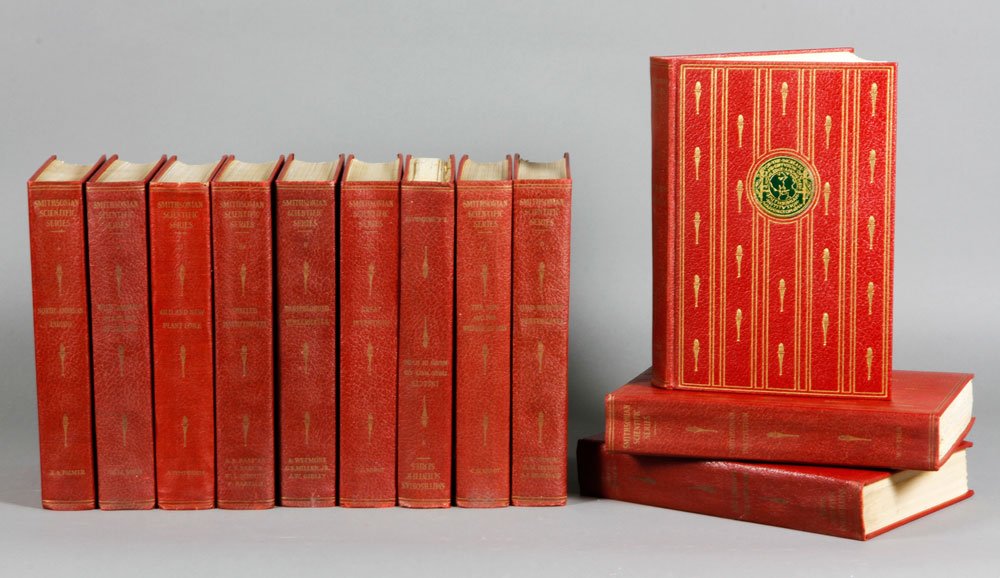 12 Vol. Set of Smithsonian Scientific Series: Twelve volume set of Smithsonian Scientific Series, circa 1930s, many photographs, sketches and drawings edited by Charles Greeley Abbot (1872-1973), leather bound.