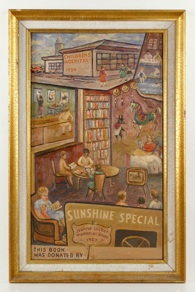 Messenger, Children's View, Oil on Board: Ivan Messenger (American, 1895-1983), children's view, oil on board, signed and dated 1957, 25" h x 14 1/2" w (view), 30" h x 19" w. Provenance: from a California estate.