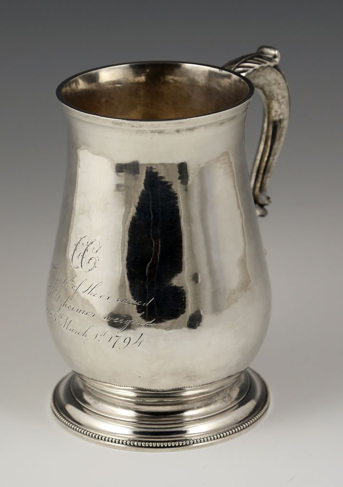American Silver Beaker: American handled beaker, silver, circa 1794, inscribed "This is 6th of the ox raised by J. Hiltzheimer weighed 2185 lb March 1st 1794, 5 1/2" h x 5" w, approximately 14.4 troy oz total weight. Provena