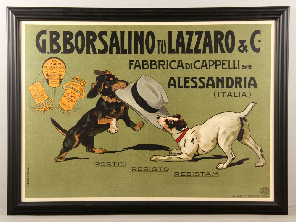 Borsalino Advertisement Poster: G. B. Borsalino fu Lazzaro & Co advertisement poster, under glass, 37" h x 52 1/2" h (view), 45" h x 60" w (frame). Provenance: from a Massachusetts estate.