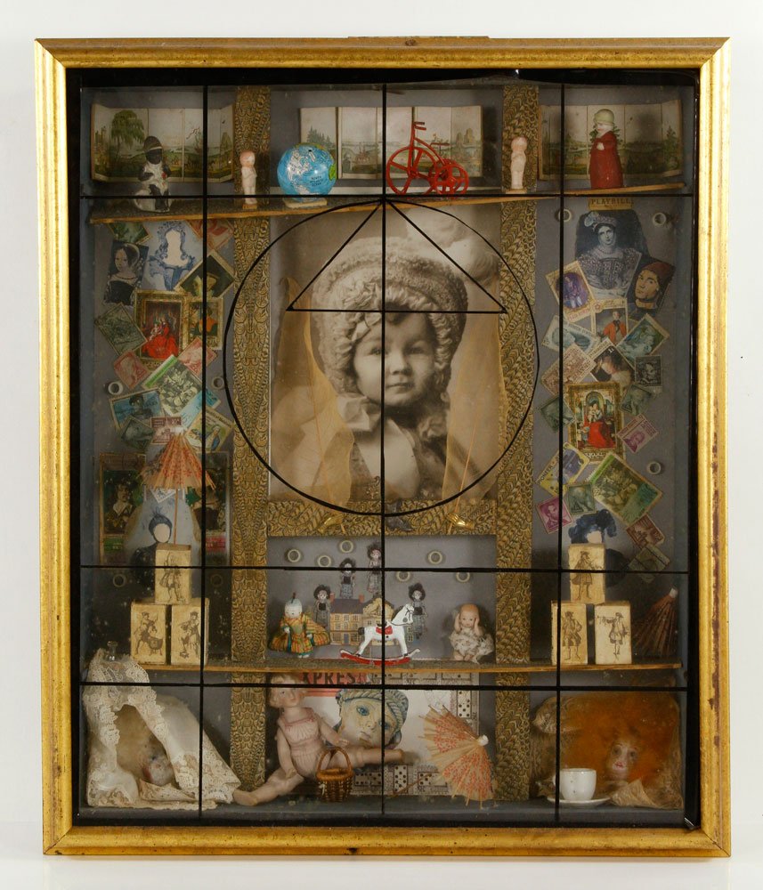 Mid-Century American Memorial Display: Mid-century American memorial display box, featuring stamps, dolls and other small objects in shadow box, in the style of Joseph Cornell, circa 1950's, 24" h x 19 1/2" w x 4 1/2" d. Provenance: from a