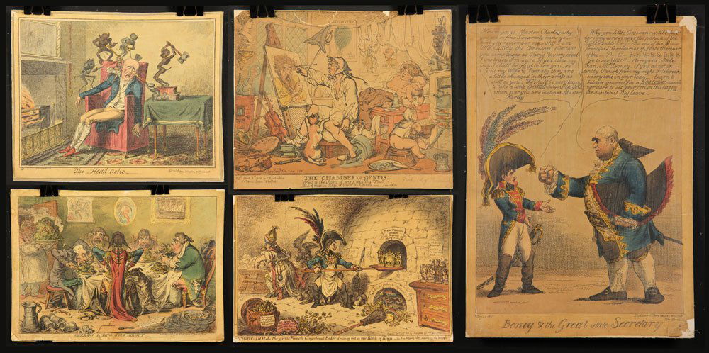 Group of Five Hand-Colored Lithographs: Group of five prints, hand-colored lithographs, to include: George Cruikshank (English. 1792-1878), "The Headache," published 1819 by G. Humphrey; "Boney and the Great State Secretary," satirical prin