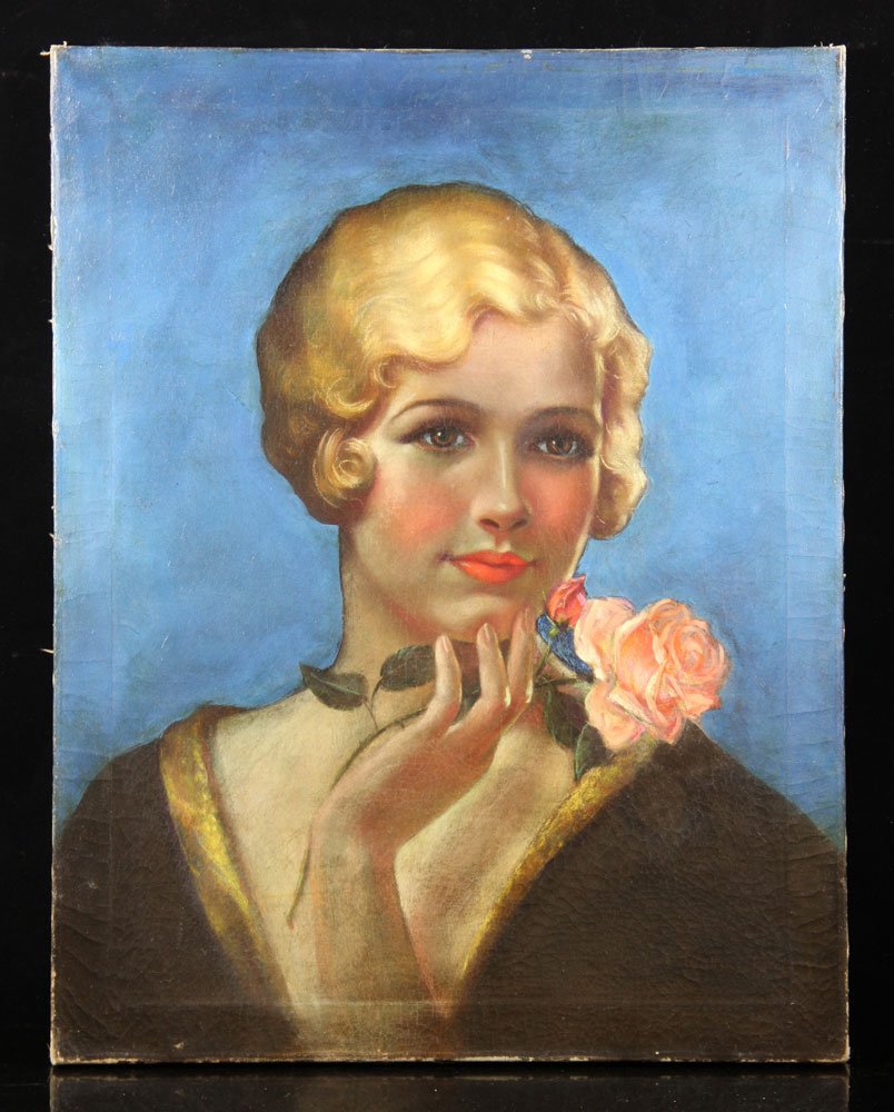 Harris, Beauty With a Rose, Oil on Canvas: Mabel Rollins Harris, illustration painting of a beauty with a rose, oil on canvas, signed lower left, 28 1/4" h x 22" w. Provenance: from a Massachusetts estate.