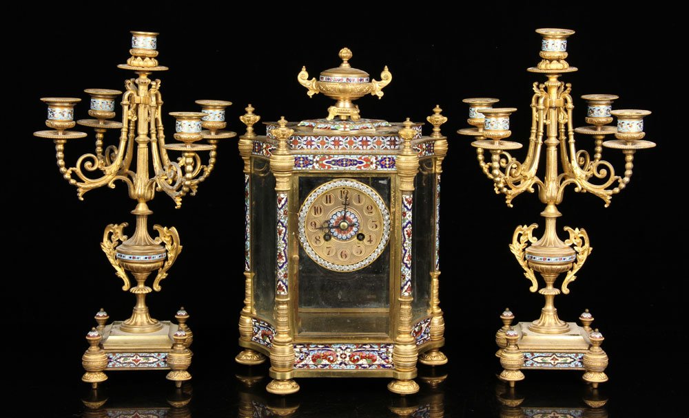 19th C. French Enameled Mantel Clock and Candelabras (1 of 9)