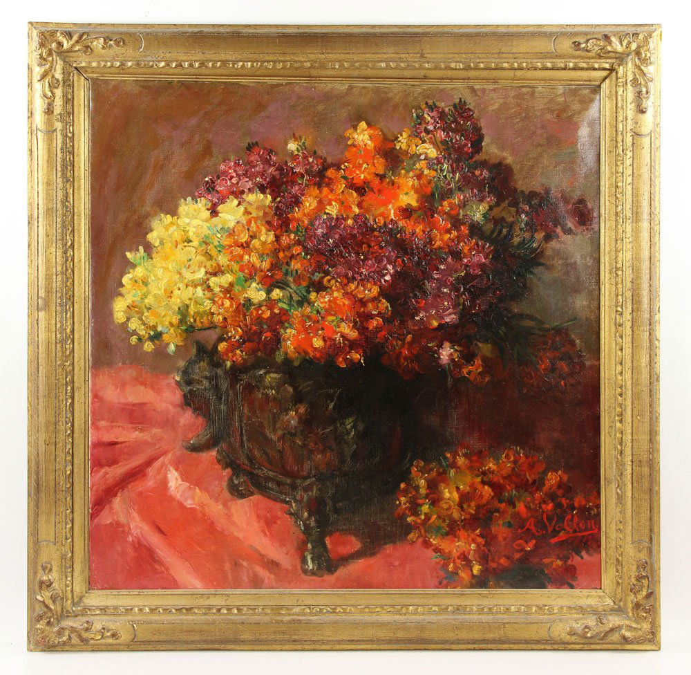 Vollon, Floral Still Life, Oil: Antoine Vollon (French, 1833-1900), floral still life, oil on canvas, signed, 25 1/2" h x 25 1/2" w, 31" h x 31" w (frame). Provenance: from a Georgia estate.