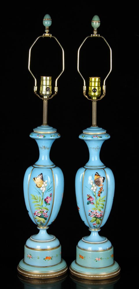 Pr. Late 19th C. Enameled Opaline Glass Table Lamps (1 of 4)