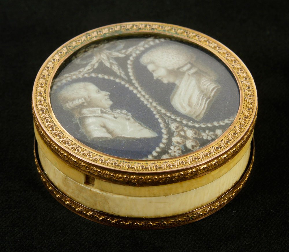 Late 18th C. French Empire Snuff Box: Late 18th century French Empire snuff box, hand painted, double portraits, gold plate and bone circulated, 1" h x 2 1/2" w. Provenance: From a Delray Beach, FL estate.