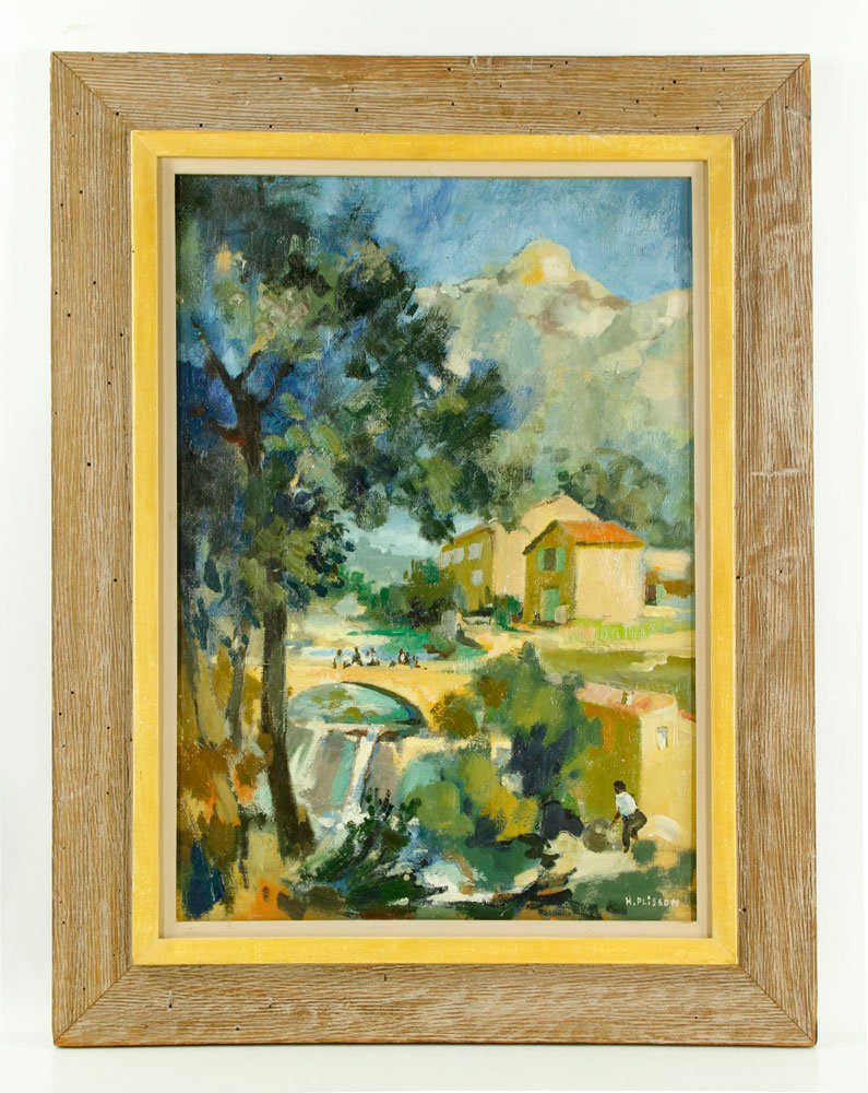 Plisson, Island Village Scene, Oil: Henri Plisson (French, 1908-2002), island village scene, oil on canvas, signed, 25 5/8" h x 18 1/4" w, framed 33" h x 25 1/8" w. Provenance: From the personal lifetime collection of Mark Avner of Lake