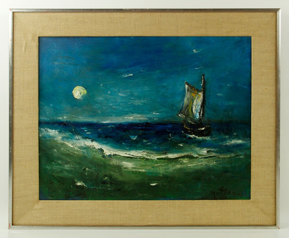Mattson, Sailboat in Moonlight, Oil on Canvas (1 of 4)