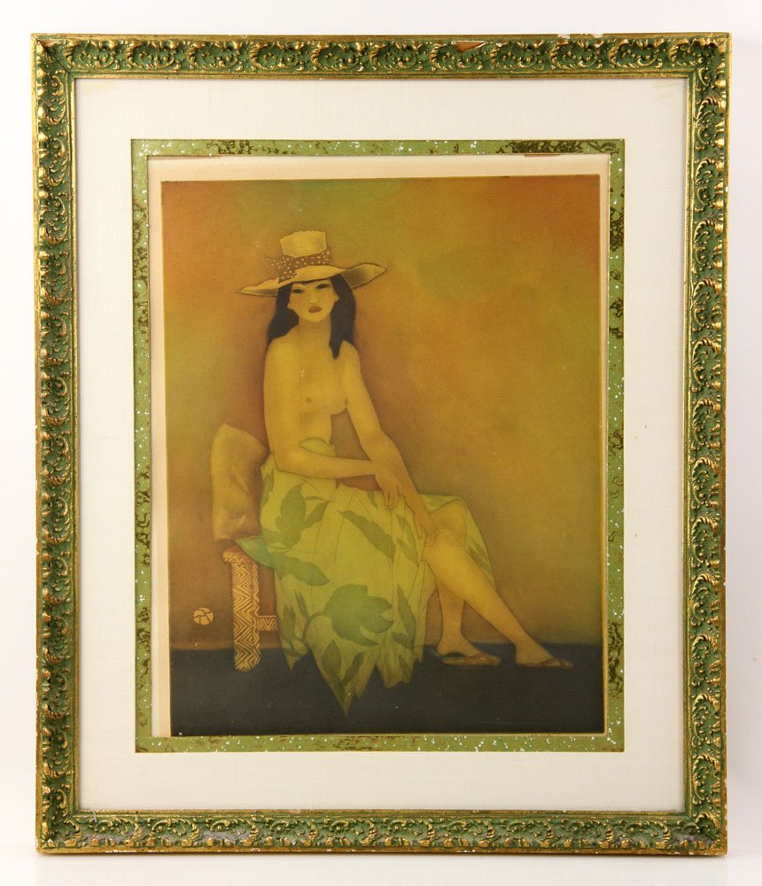 Kelly, Portrait of a Woman, Aquatint: John Melville Kelly (American, 1879-1962), portrait of a semi nude woman, aquatint, signed lower right, 17 3/4" h x 13 3/4" w (view), 25 3/4" h x 21 3/4" w (frame). Provenance: From a Massachusetts es