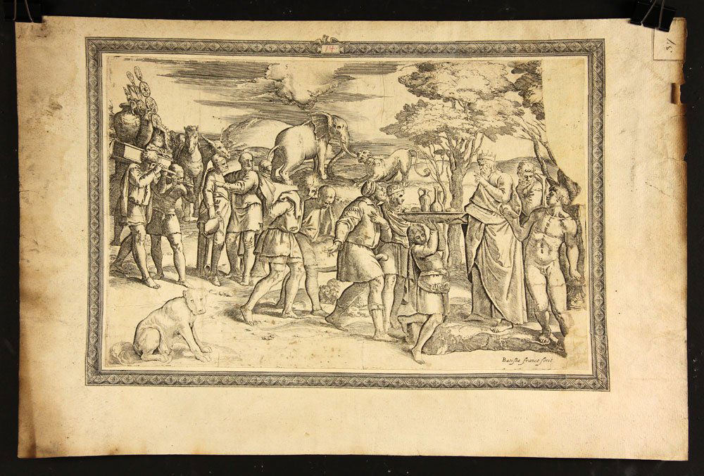 18th C. Engraving after Franco, Melchizedek and Abraham: 18th century engraving after Giovanni Battista Franco, Melchizedek offering bread and wine to Abraham, laid down, 10 1/2" h x 16 3/8" w. Soiling, 5" x 1 1/" area missing at upper right.