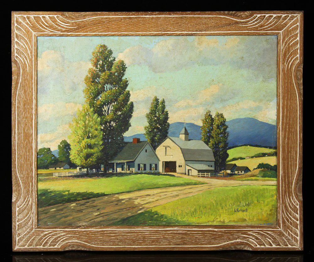 Rockwell, Farm in Newton, Oil on Canvas Board: George Rockwell, farm in Newton, MA, 1945, oil on canvas board, signed lower right, 15 1/2" h x 20" w. Provenance: From the estate of the late Harry Reed Everson, an avid collector from Marblehead, Ma