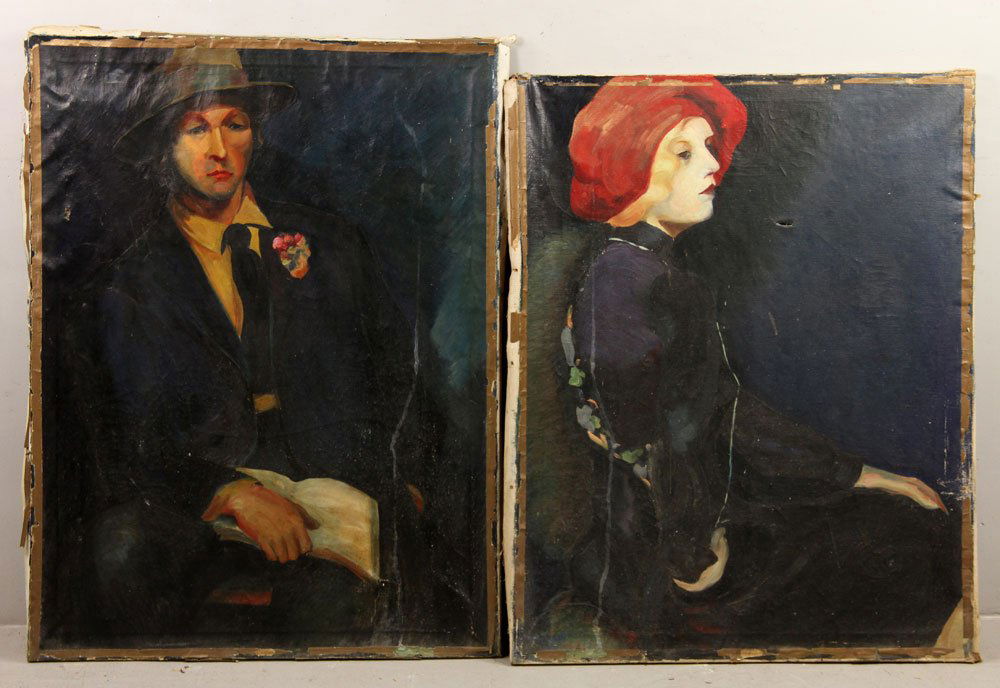 Two Portraits, Oil on Canvas: Lot of two portraits, one of man, other of woman, circa 1920's, oil on canvas, signed "Walcott," 36" h x 28" w and 38" h x 28" w. Provenance: From the estate of the late Harry Reed Everson, an avid co