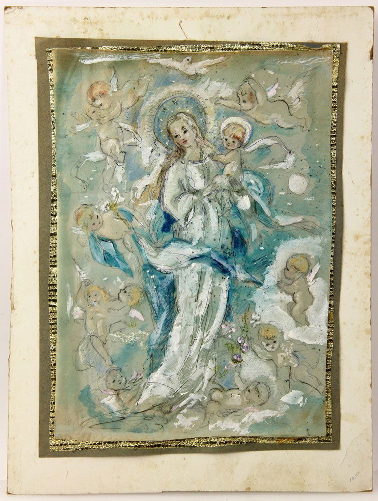 Madonna and Child in Heaven, Oil Drawing on Paper: Madonna and child in heaven, oil on paper, signed "Francis Palian," 13" h x 9 1/4" w. Provenance: From the estate of the late Harry Reed Everson, an avid collector from Marblehead, Massachusetts.