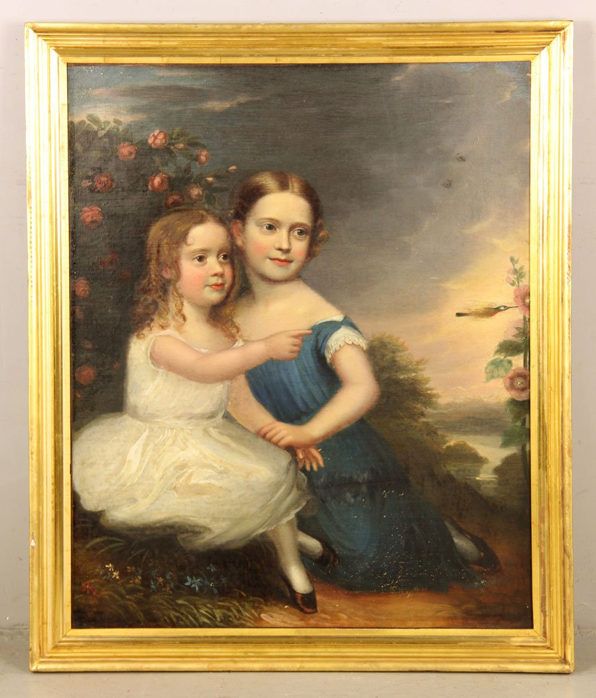 19th C. New England School, Girls in Landscape, Oil on (1 of 5)