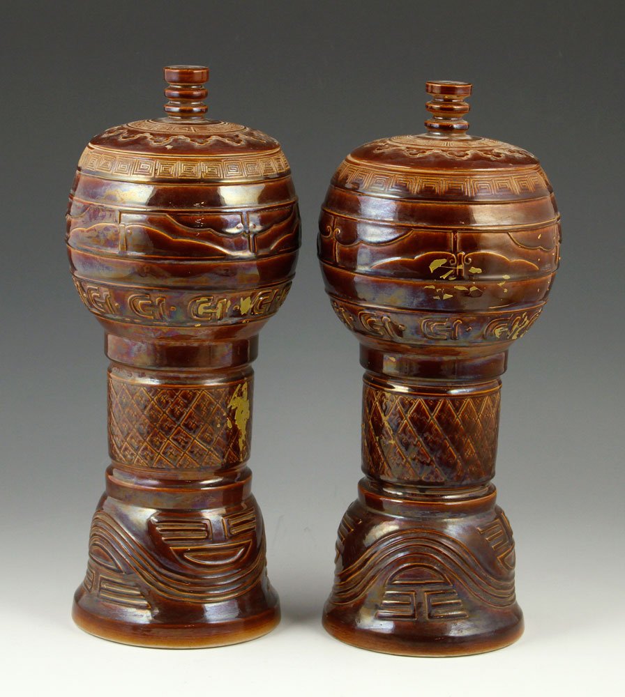 Pr. Chinese Carved Brown Glazed Dou Vases (1 of 5)