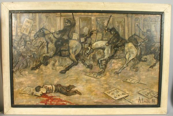 SIGNED ARTHUR SMITH, NY STREET RIOT, O/B, 1939: Arthur Smith (American, d.1972), New York street riot scene, o/b, 23 1/2" x 37 1/2", framed 29" x 43", signed and dated '39, LR. Good condition.