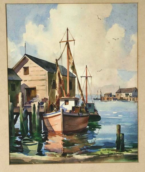 SIGNED JOHN C. HARE, CAPE COD BOATS, W/C: John Cuthbert Hare (American, 1908-1978), Cape Cod boats at dock, w/c, 11 1/2" x 9 1/2", in mat 20 1/2" x 17", signed LR. Good condition.