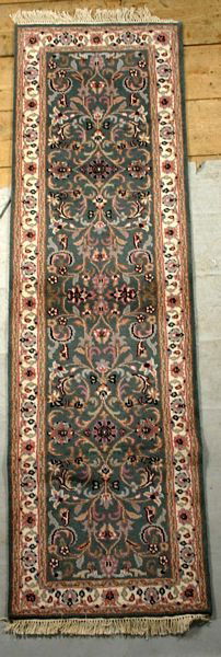 KESHAN GREY/GREEN RUG, 2' 7" X 8' 1": Keshan grey/green rug, 2' 7" x 8' 1".