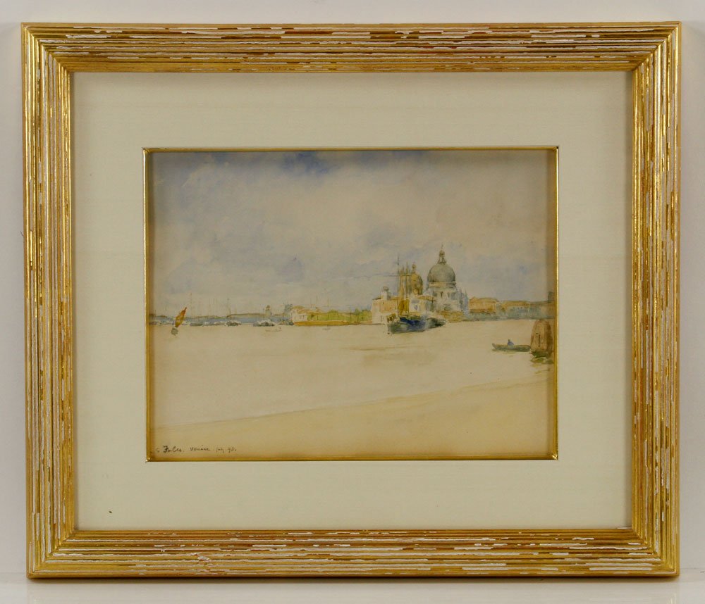 Forbes, "Venice, July '18," Watercolor: Charles Stuart Forbes (American, 1856-1926), "Venice, July '18," watercolor on paper, signed lower left; 10" h x 13" w (view), 18" h x 21" w (frame). Provenance: From a Massachusetts estate.