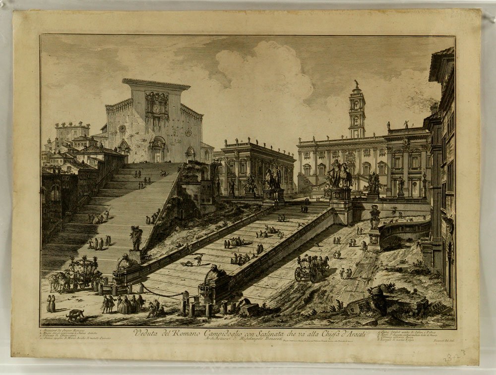 Piranesi, "Veduta del Romano Campidoglio," Etching: Giovanni Battista Piranesi (Italian, 1720-1778), "Veduta del Romano Campidoglio con Scalinata che va alla Chiesa D'araceli," original etching, from volume I of the "Views of Rome" series, number 75, u