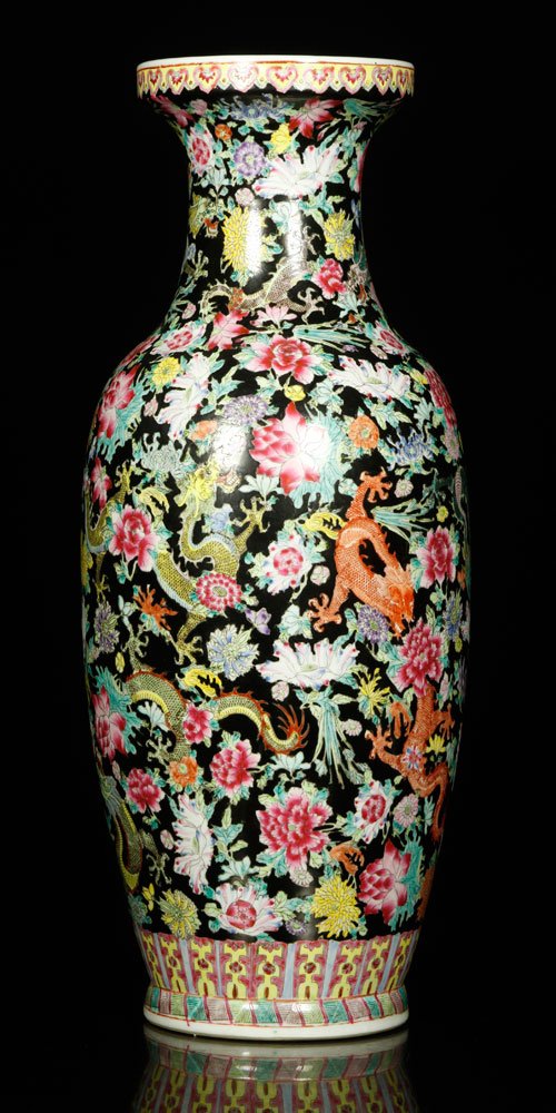 20th C. Chinese Famille Rose Vase: Chinese famille-rose vase, 20th century, porcelain, black ground, decorated with flying dragon and peony motif, seal mark on base, 24 1/2" h. Provenance: From a Massachusetts estate.