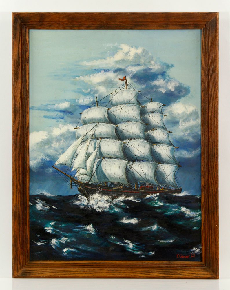 Grant, Clipper Ship, Oil: Fred Grant (American, 20th century), clipper ship, oil on board, signed and dated lower right; 23 3/4" (60.33 cm) h x 17 3/4" w (45.09 cm) (view), 27" h (68.58 cm) x 21" w (53.34 cm) (frame). Provenan
