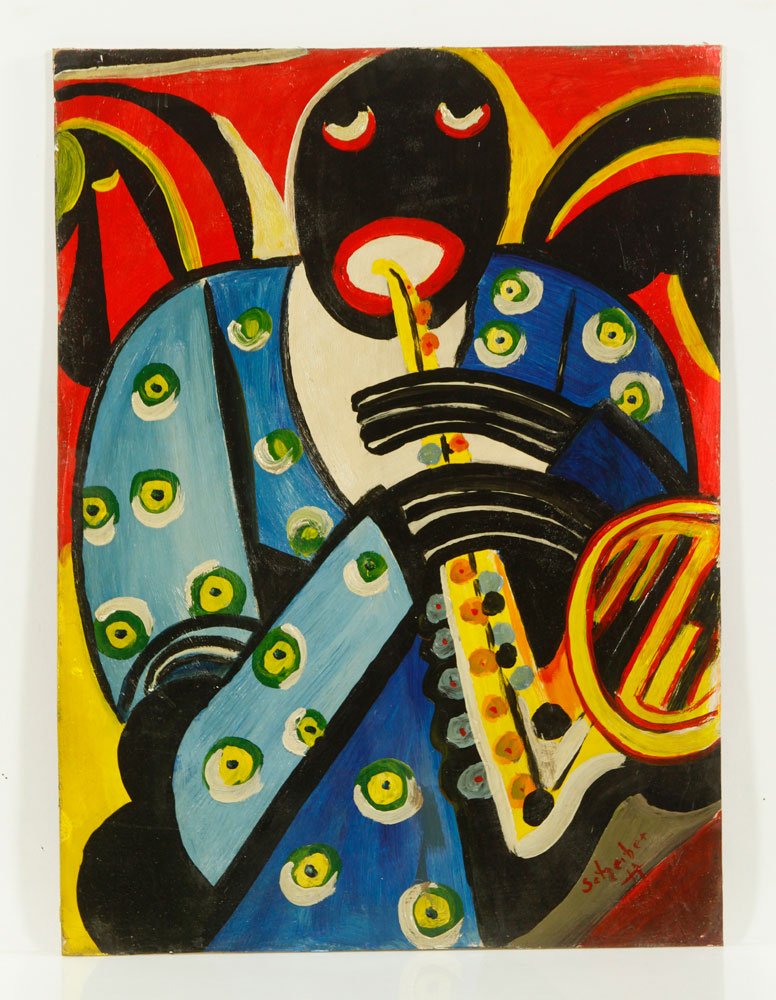 After Scheiber, Musician, On Board: After Hugo Scheiber, musician, oil or acrylic on board, signed lower right; 21 1/2" h x 16" w (view), 25" h x 19 1/2" w (frame).