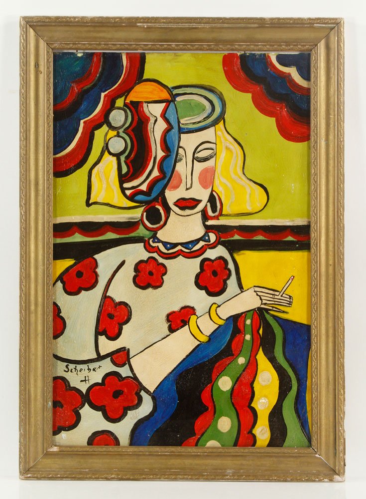 After Scheiber, Woman with Cigarette, On Board: After Hugo Scheiber, woman with cigarette, oil or acrylic on board, signed lower left; 23 1/4" h x 15 1/2" w (view), 27" h x 19" w (frame).