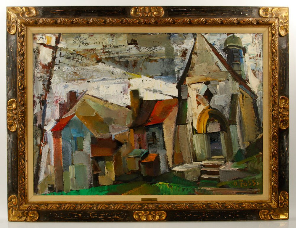 Foss, Norman Church, Oil on Canvas: Oliver Foss (French, 1920-2002), small church in Normandy, France, oil on canvas, signed lower right, in carved wood frame, "Art Supply Store" tag on stretcher; 25 1/2" h x 36 1/2" w (view), 34 1/2" h