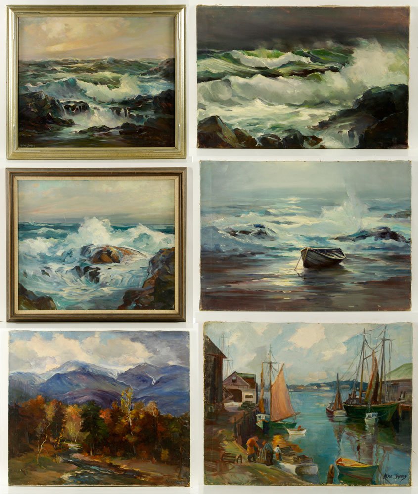 James, 6 Seascapes, Oil on Canvas: Alice James (American, 1889-1970), lot of six paintings, five oil on canvas, one oil on masonite, two framed, three signed, to include: five seascapes and one mountain scape; largest measuring 36" h x