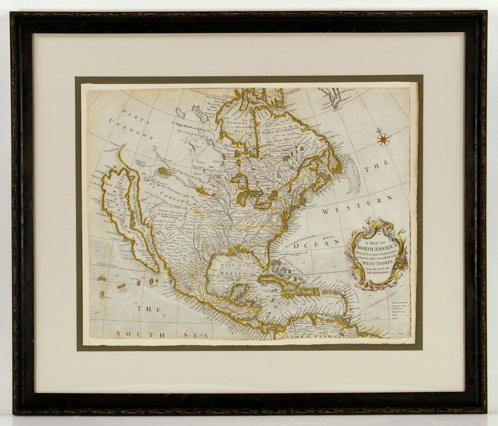 Engraved Hand-Colored Map of North America: Engraved hand colored map, "A Map of North America with the European Settlements and Whatever Else Is Remarkable in Ye West Indies from the Latest and Best Observations," by Richard Seale, London; Cal