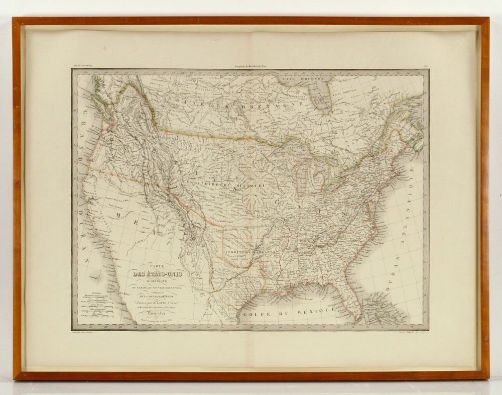 Lapie, Map of the U.S., Engraving: Alexandre Emile Lapie, "Carte des Etates-Unis d'Amerique," hand-colored engraving, made in Paris 1842, incorporates details from the exploration of Lewis and Clark, Long and others, depicts Texas as a