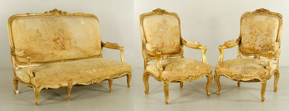 Louis XV 3 Piece Parlor Suite: Louis XV three piece parlor suite, with tapestry upholstery, including high-backed couch, 48" h x 70" l x 37" d. Provenance: From a Massachusetts estate.