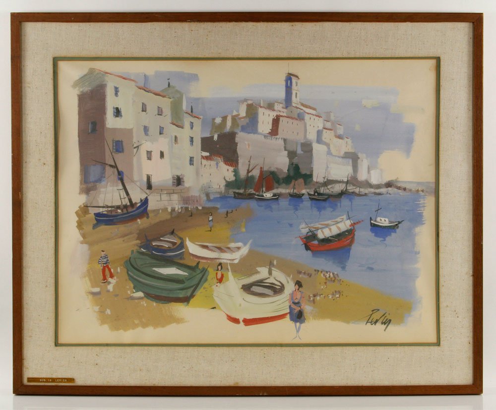 Levier, Seashore with Boats, Watercolor: Charles Levier (French, 1920-2003), seashore with boats, watercolor and gouache on paper, signed lower right; 21" h x 27 1/2" w (view), 28" h x 34 1/2" w (frame). Provenance: From a New York estate.
