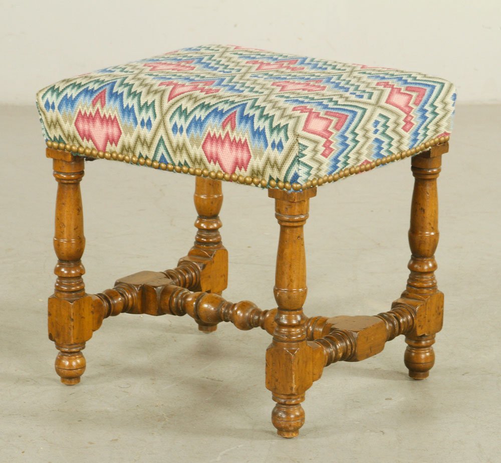 Trestle Style Footstool: Trestle-style footstool, crochet upholstery top, 17" h x 16 3/4" w x 14 1/2" d. Provenance: From a New Hampshire estate.
